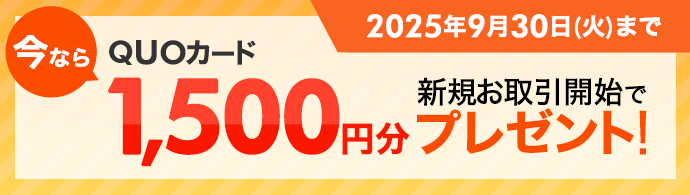 今なら新規お取引開始でQUOカード1,500円分プレゼント！ 2024年9月30日(月)まで