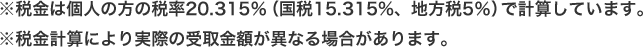 ※税金は個人の方の税率20.315％(国税15.315％、地方税5％)で計算しています。※税金計算より実際の受取金額が異なる場合があります。